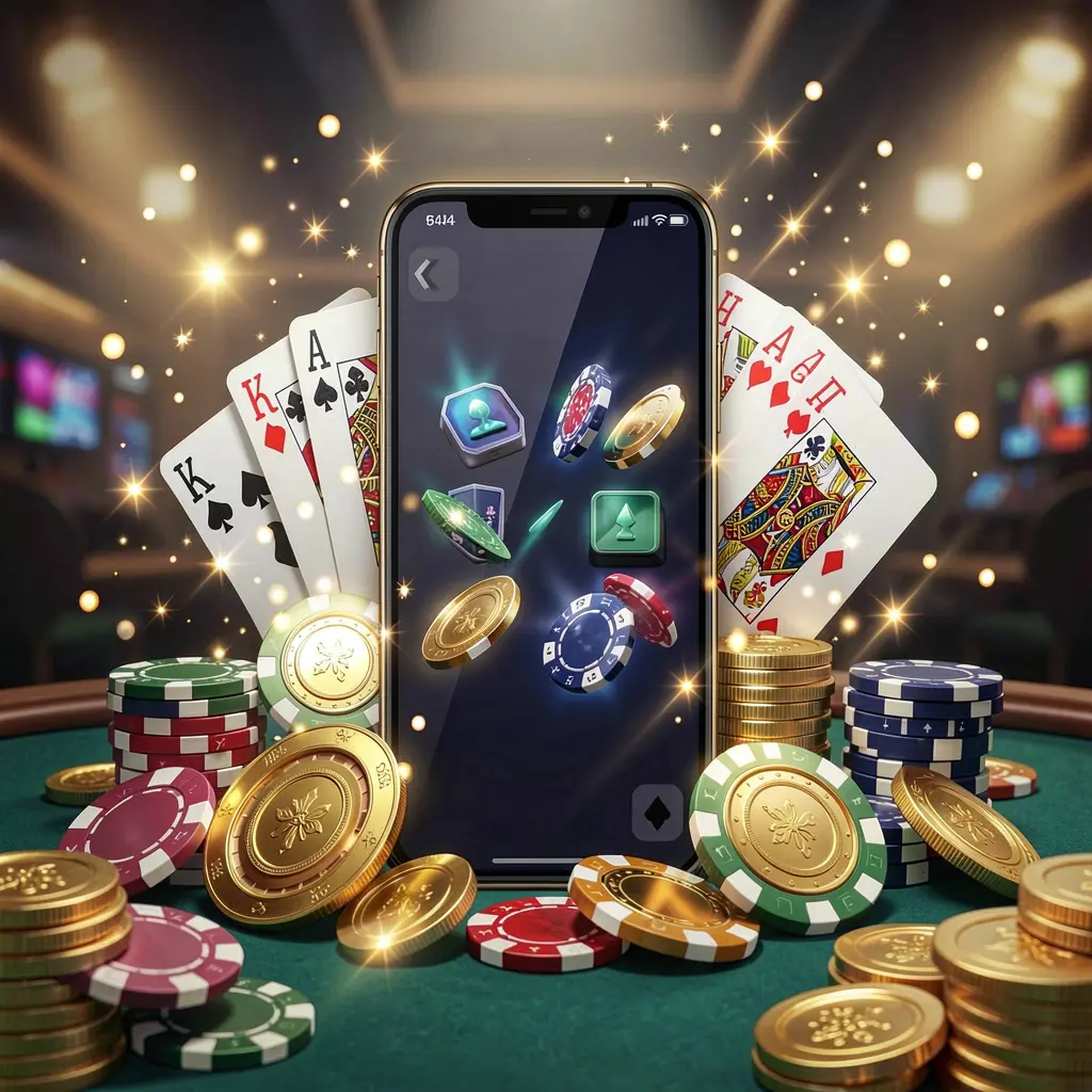644J mobile gaming application concept showing a smartphone surrounded by playing cards, roulette chips, gold coins, and sparkling lights in a premium casino style