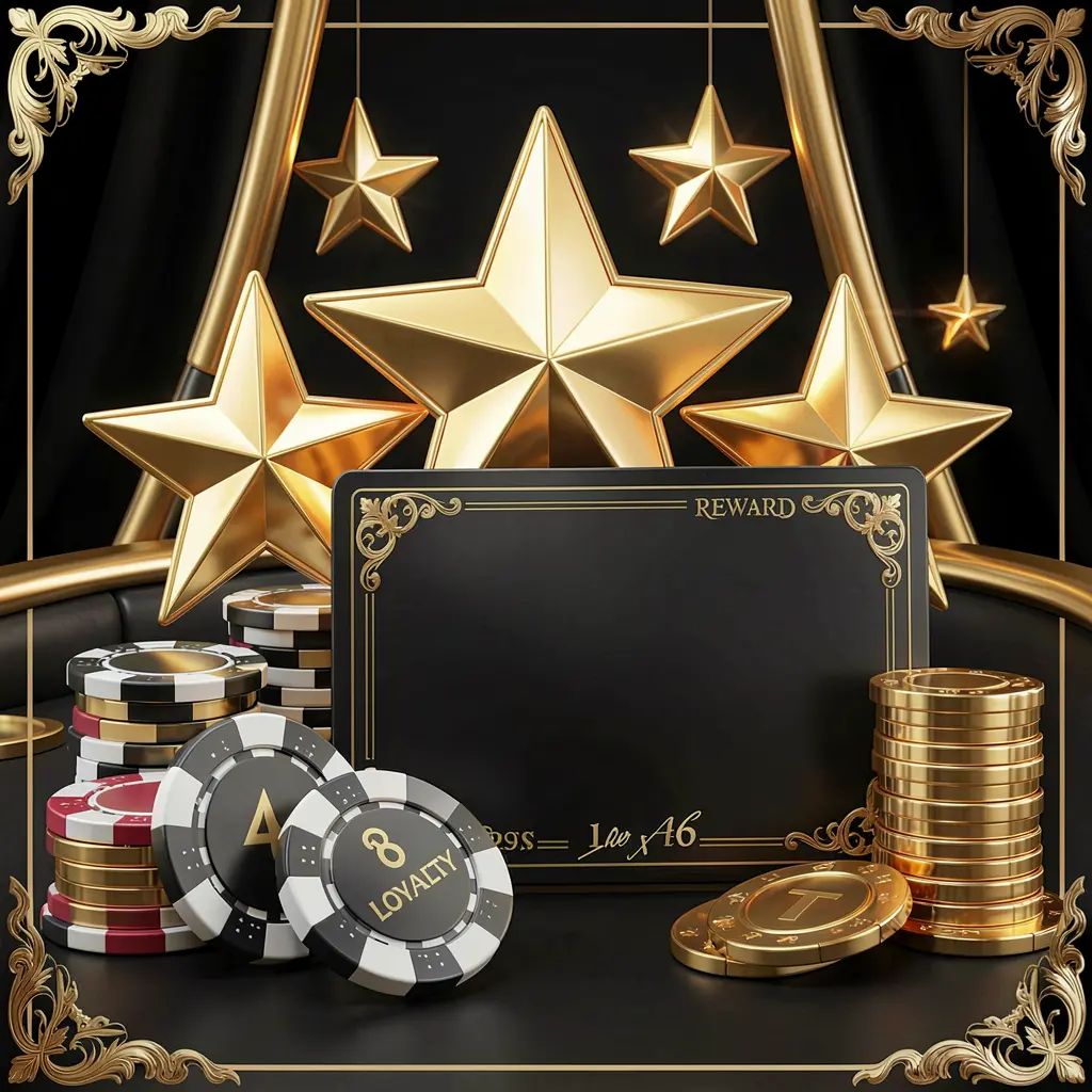 644J loyalty rewards casino image featuring golden stars, poker chips, coins, and a luxury reward card on an elegant black and gold background in a realistic 3D render