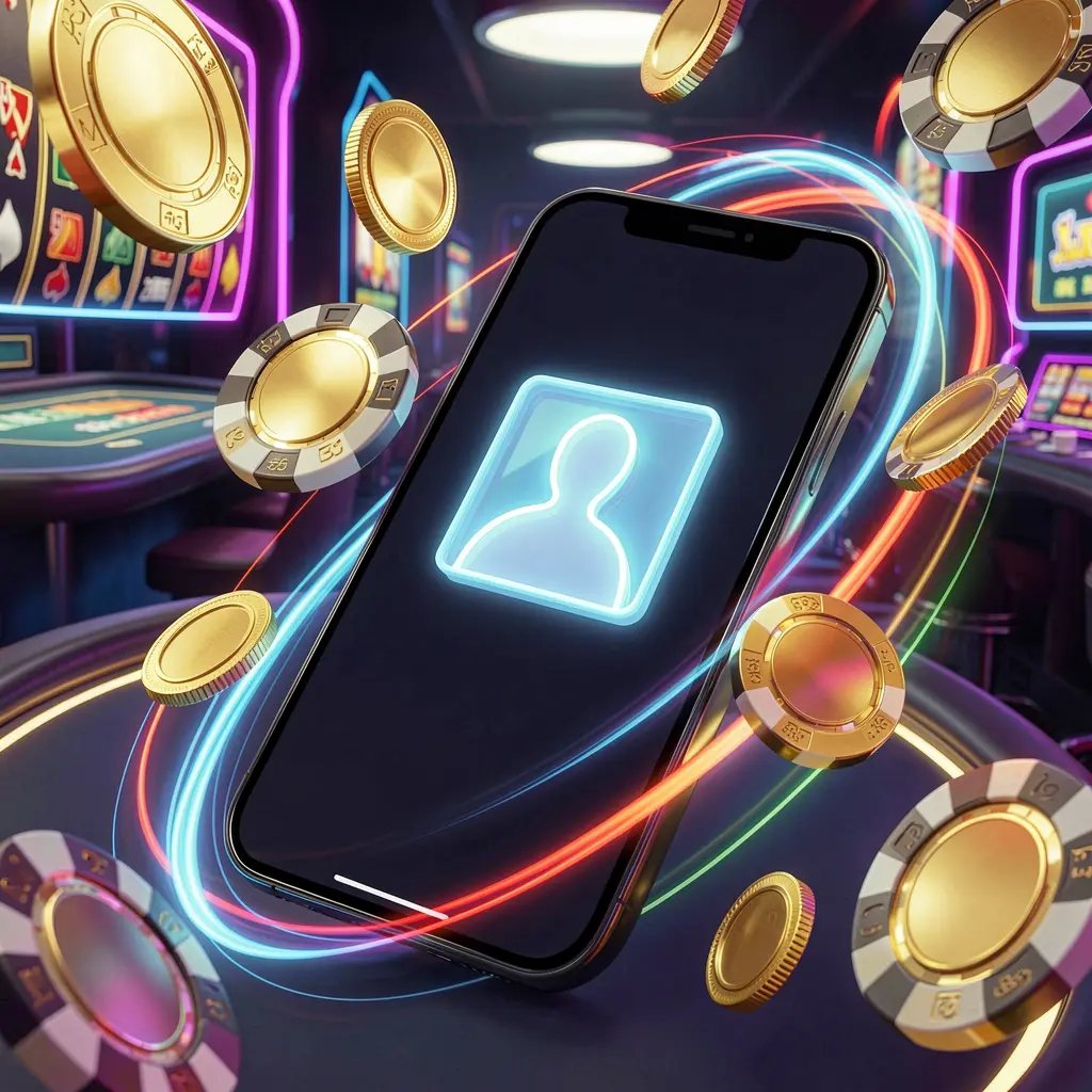 Fast casino login banner featuring a smartphone with a bright user icon surrounded by speed light trails, golden coins, and chips flying around in a modern neon casino style, showcasing 644J brand in high detail 3D render