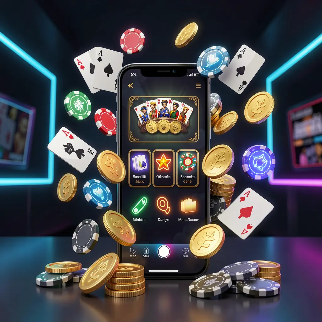 Mobile casino homepage concept on a smartphone surrounded by golden coins, chips, cards, and glowing icons with modern dark background and neon accents, showcasing 644J's premium 3D responsible gaming experience